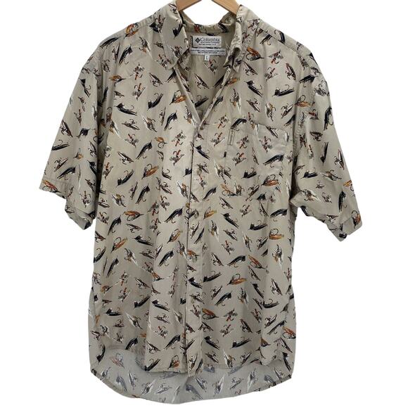 Columbia Sportswear Shirt Mens Large Button Up Collared Shirt Fishing Lure Print - Picture 1 of 7